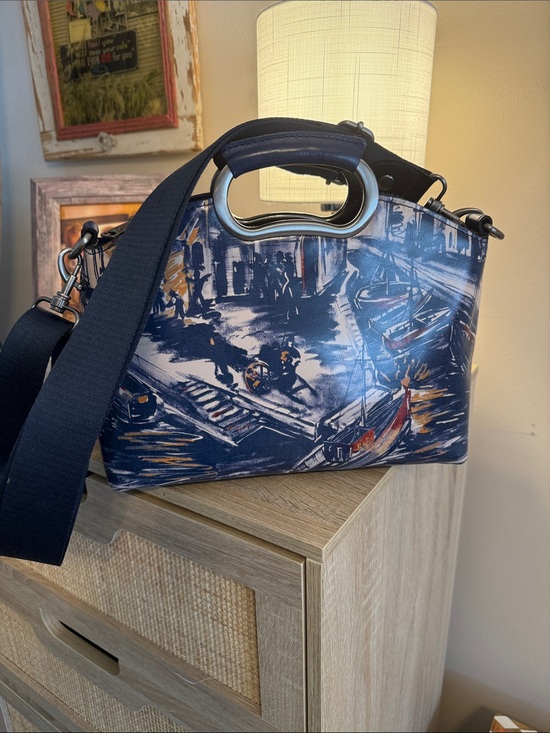 Patricia Nash Handbags - Patricia Nash Navy and Tan Painted Canvas Satchel